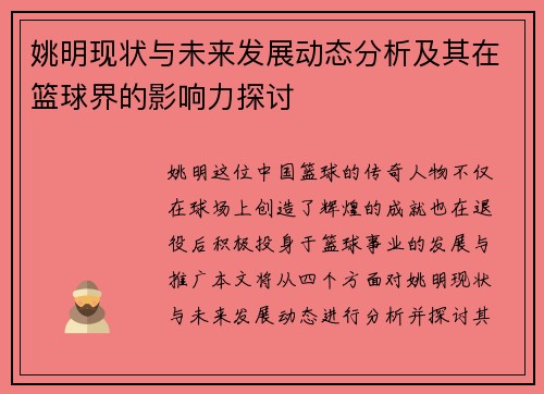 姚明现状与未来发展动态分析及其在篮球界的影响力探讨